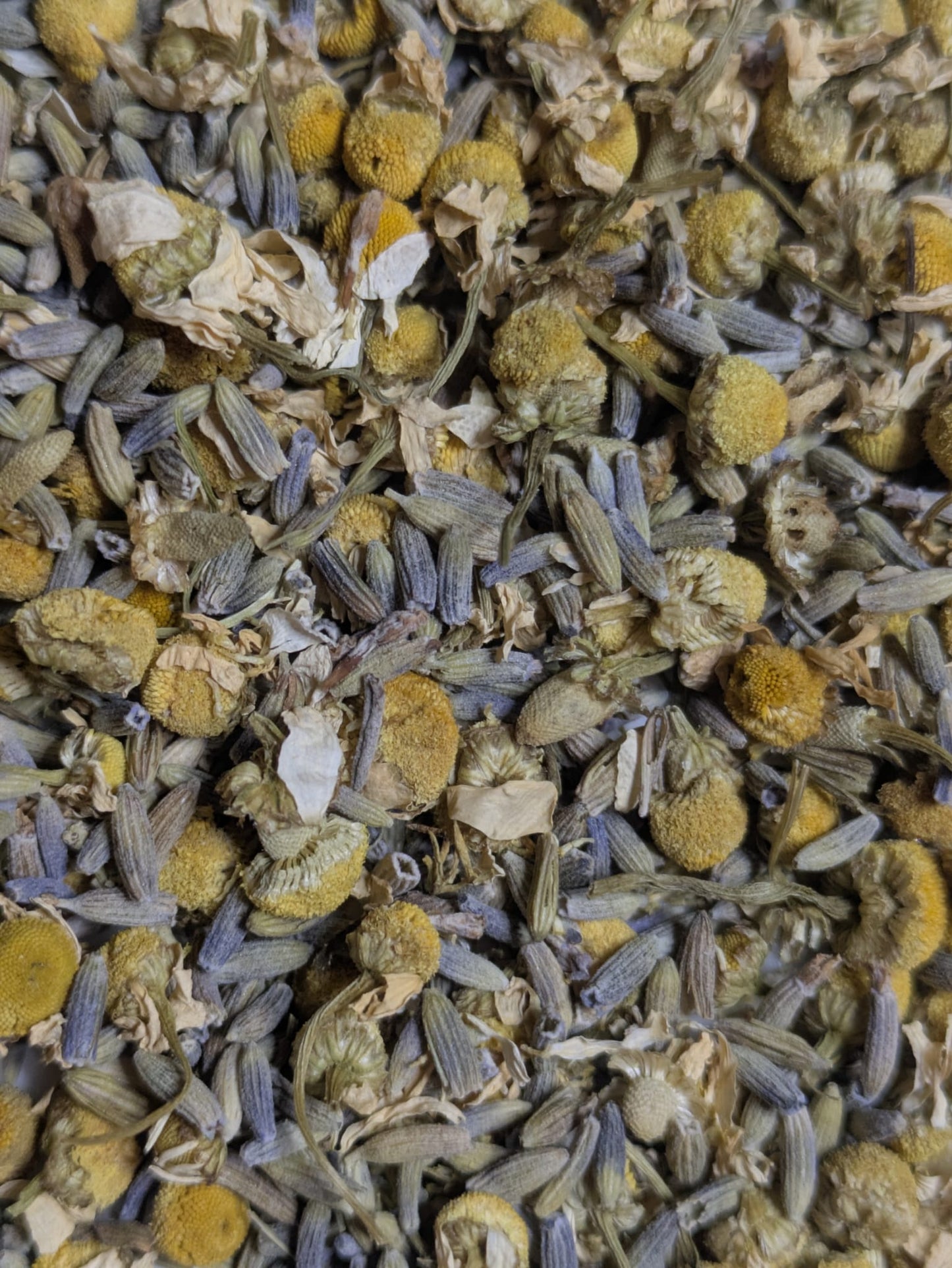Close-up of dried lavender and chamomile flowers