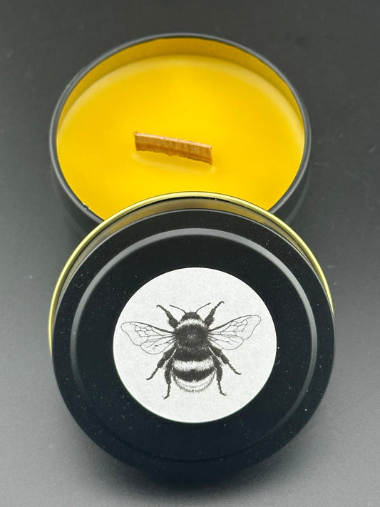 Pure Beeswax Tin Candle with a wooden wick Made in Yorkshire UK