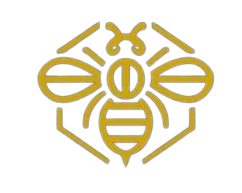 Gold bee logo on a white background