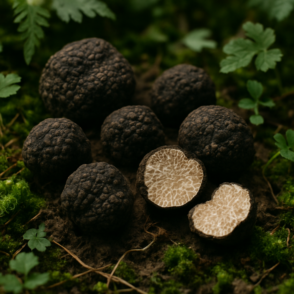 Black truffles on a bed of green moss