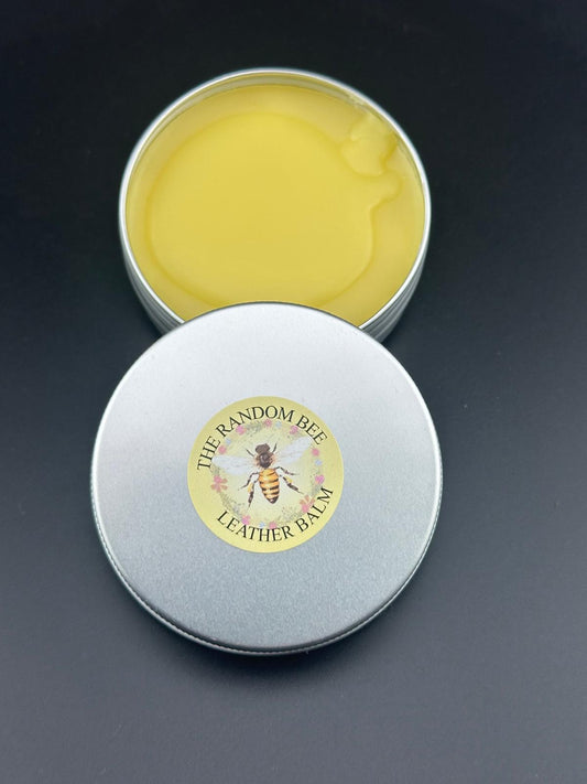 The Random Bee leather conditioner balm open tin, made in Yorkshire, UK, nourishes, restores, and protects leather